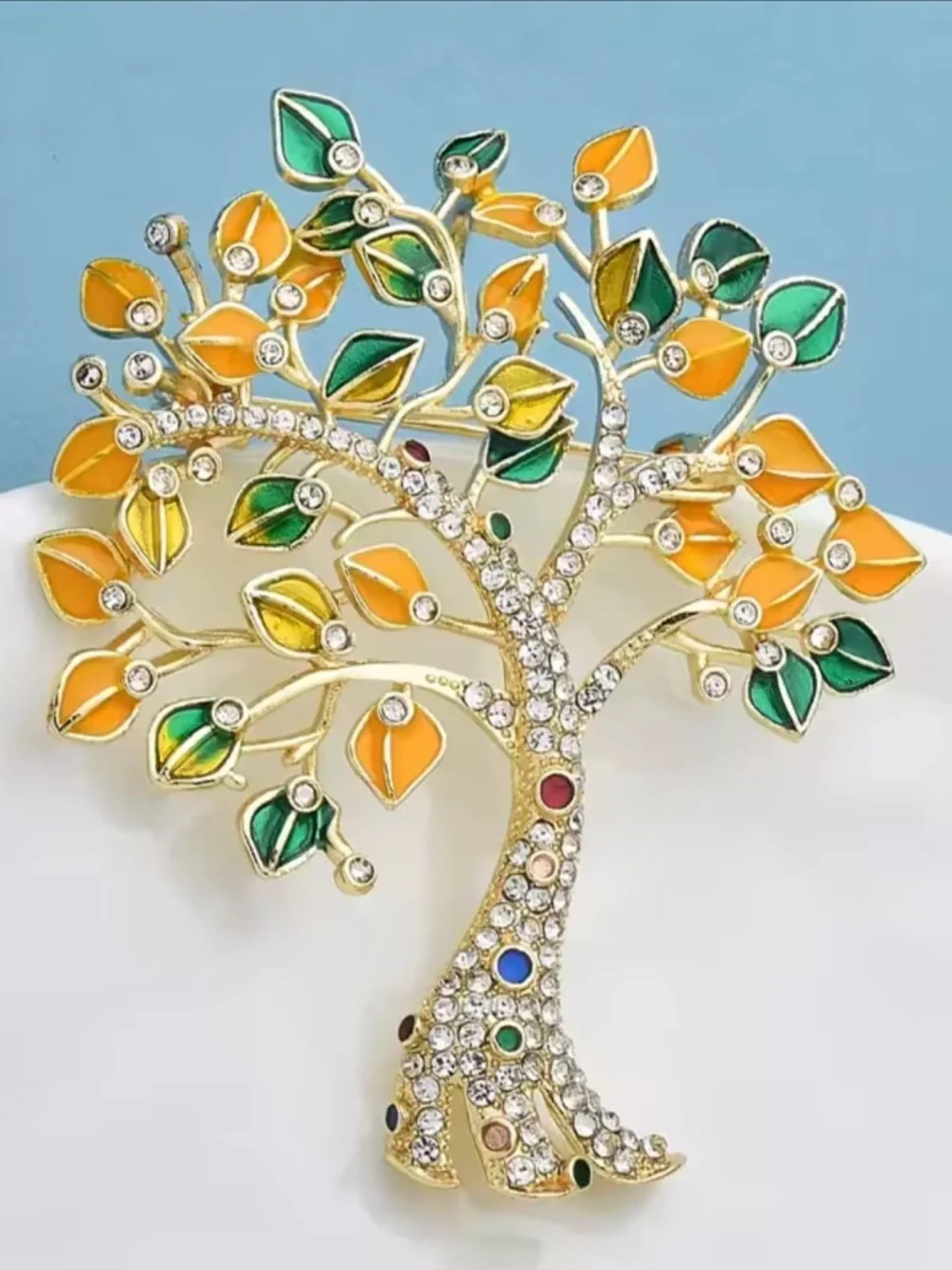 Family Tree Gold Crystal Colorful Leaf Pin Brooch